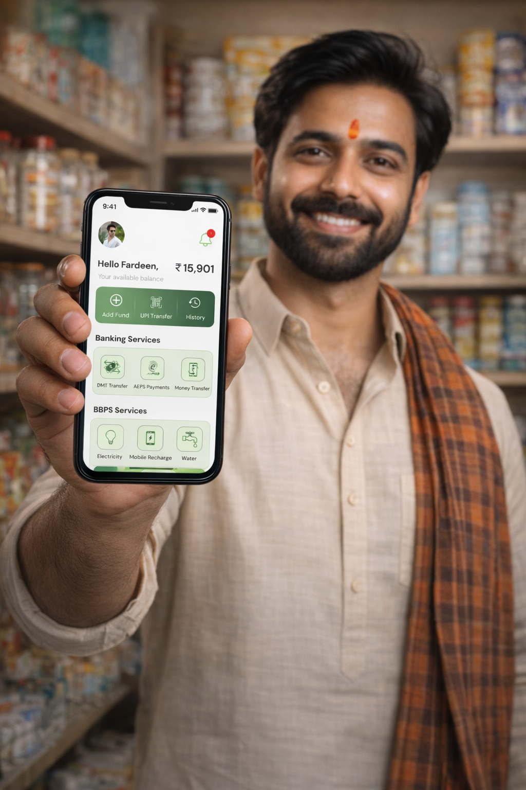 Shopkeeper showing MarwadiPay app